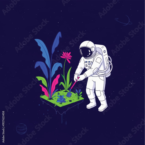 Astronaut Watering Plants in Space Suit.