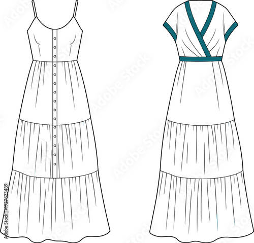 Maxi dress vector illustration, women summer sleeveless and short sleeve wrap design, front and back view fashion template