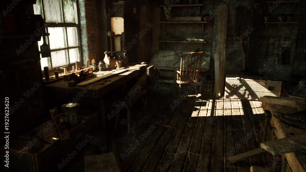 Fototapeta premium sunlit wooden workshop with cluttered bench, glass jars, mortar and pestle on weathered tabletop, dust motes floating through broken window, creaking