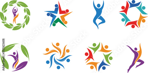 Abstract colorful people logo set with human figures in circle star and leaf shapes for community wellness teamwork and unity