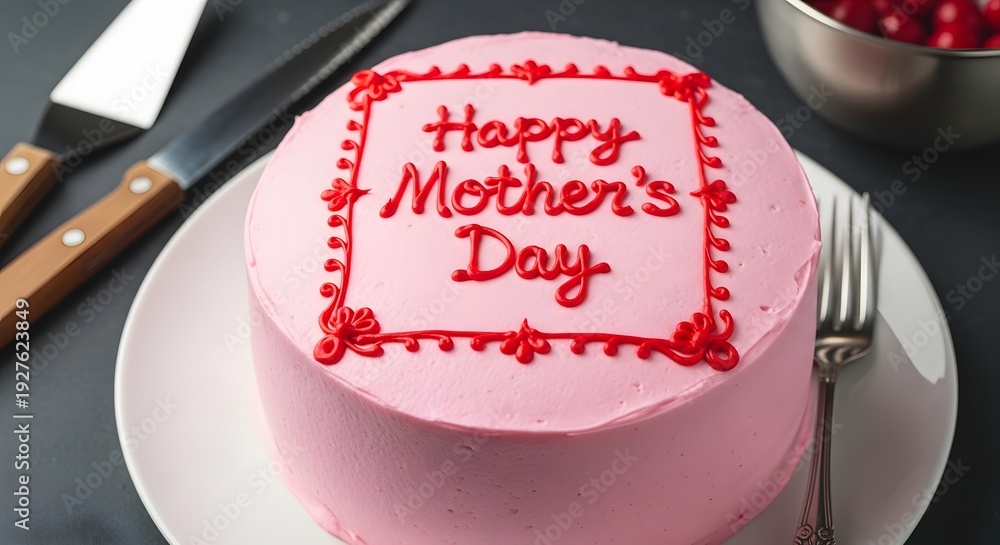 Obraz premium Happy mother's day pink cake with red writing and decorations