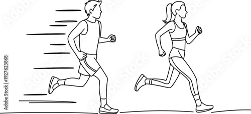 Man and woman running vector illustration, male and female joggers side view, fitness sport line art design