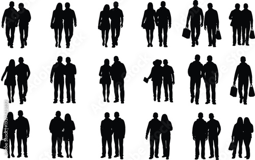 Couple silhouettes walking together in casual outfits, men and women pairs isolated on white background, relationship concept