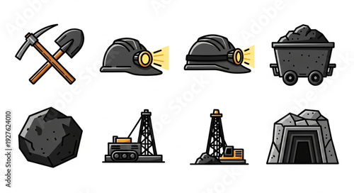 Collection of mining tools and equipment, essential for coal extraction and industry.