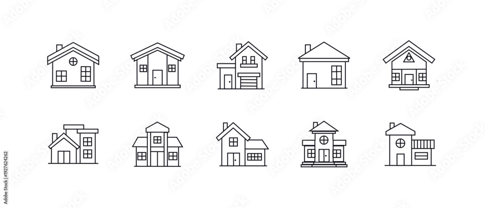 Fototapeta premium Ten simple line art house icons with varying designs and roof shapes home building