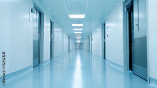 Wallpaper Mural Modern hospital corridor stretching into the distance with rows of doors, clean surfaces, and bright overhead lighting, conveying concepts of medicine, healthcare, and sterile environments Torontodigital.ca
