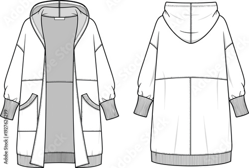 Long hooded cardigan vector illustration, women oversized open front coat with pockets rib cuffs front back view