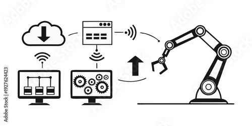 A futuristic robotic arm interacting with a computer network and data storage devices Vector