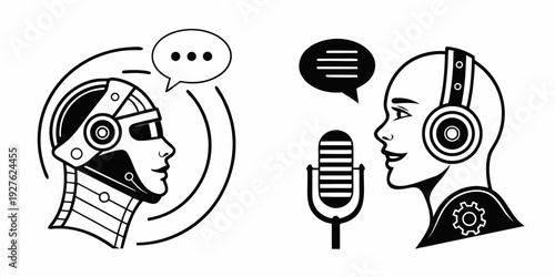 Two futuristic robots engaged in a conversation using speech bubbles and a microphone. Vector