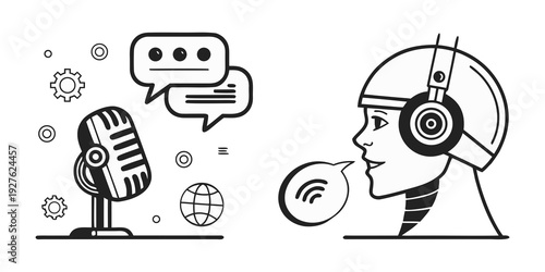 A futuristic robot engaging in a conversation with a human using speech bubbles. Vector