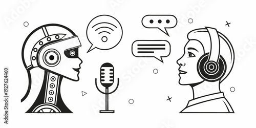 Two people engaged in a conversation using speech bubbles and microphones. Vector