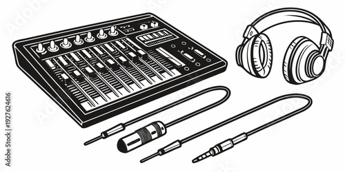 A music production setup featuring a midi keyboard, headphones, and a pen Vector