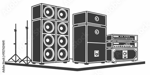 A collection of speakers and audio equipment arranged on a stage. Vector