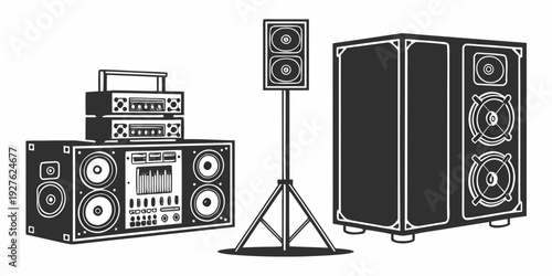 Vintage audio equipment and speakers arranged for optimal sound quality Vector