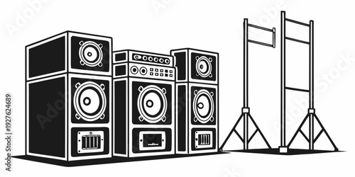 A vintage stereo system with speakers and a record player on a wooden stand Vector