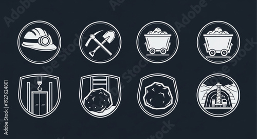 Mining industry icons depicting various aspects of coal extraction and production.