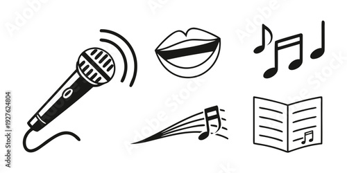 Illustrations of a microphone, sound waves, lips, music notes, and an open book Vector