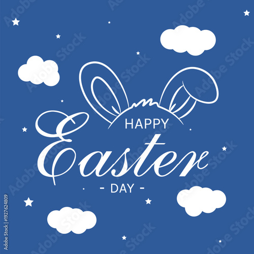 Happy Easter Festive Greeting Background with Bunny Ears and Clouds Design