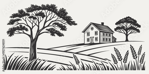 A serene landscape with houses nestled among tall trees under a clear sky. Vector