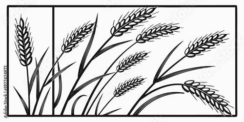 A detailed illustration of various types of wheat and grains in a framed display Vector