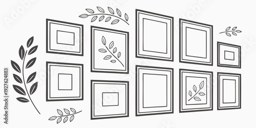 A collection of framed artworks and photographs displayed on a wall Vector