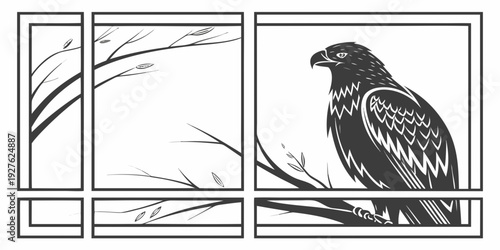 A black bird perched on a branch with a blurred background of plants and flowers Vector