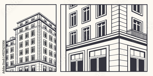 Two distinct architectural buildings showcasing different design styles and structures. Vector