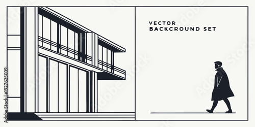 A person walks past a modern building with a sign for a fashion background set. Vector