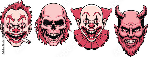 Set of pink horror character heads featuring scary evil clowns a creepy long haired skull and a horned devil demon mascot