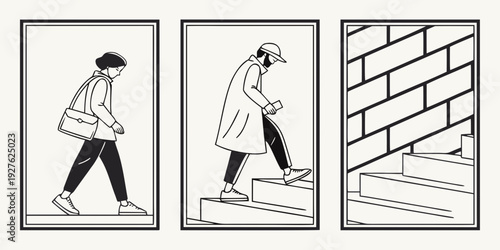 A person attempting to climb a brick wall with different techniques Vector