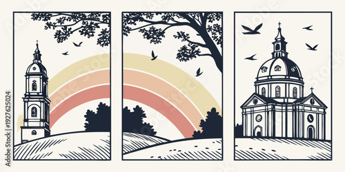 A picturesque view of a historic church with a clock tower and a bridge over a river. Vector