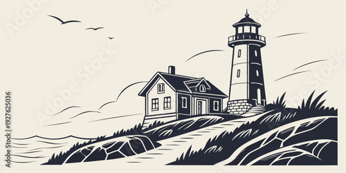 A lone lighthouse stands tall on a rocky cliff overlooking a stormy sea. Vector
