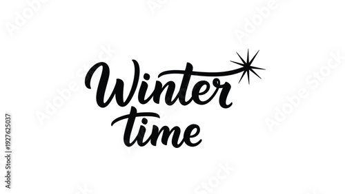 Elegant black calligraphy text reading winter time with a stylized star or sparkle icon on a white background.