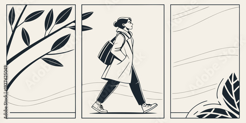 A person walking down a path surrounded by trees and a fence. Vector