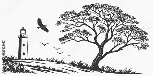 A solitary lighthouse stands tall amidst a serene landscape with a bird in flight Vector