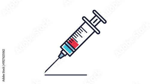 Simple icon of a medical syringe filled with red and blue liquid shown in a flat line art style for healthcare.