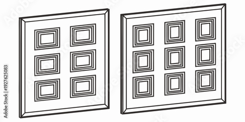 Two white wooden cabinets with open doors and shelves on display Vector