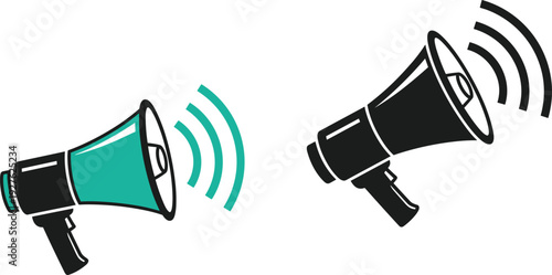 Megaphone vector icon set with sound waves, announcement loudspeaker illustration in solid and outline styles isolated for marketing, communication, promotion, and alert design