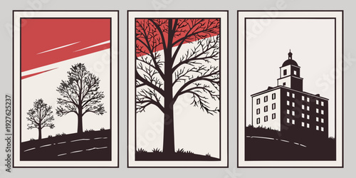 Three distinct architectural scenes featuring trees and a building in black and white Vector