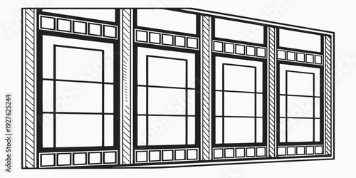 A set of four white doors with frosted glass panels and metal handles in a row. Vector