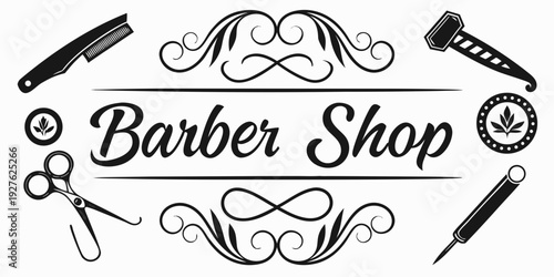 A classic barber shop logo featuring ornate designs and barber tools. Vector