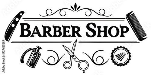A vintage barber shop logo featuring a classic design with scissors and a comb. Vector