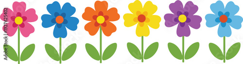 Vibrant row of colorful cartoon flowers with green stems and leaves