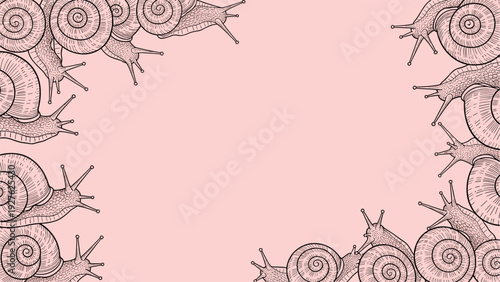 Decorative border made of highly detailed hand drawn snails with shells arranged on a soft pink background for unique designs.