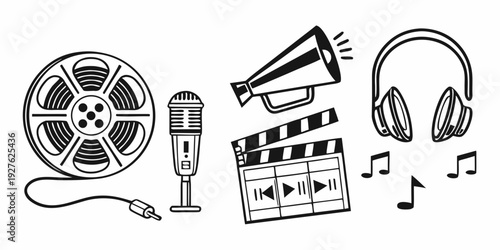 A collection of vintage audio equipment and musical instruments Vector