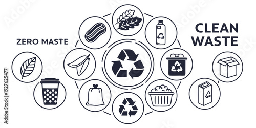 A variety of clean waste items and recycling symbols arranged in a circular pattern. Vector