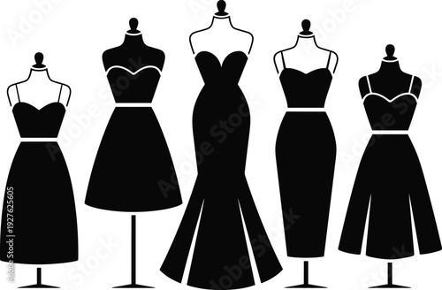 Evening dress silhouettes illustration set, elegant women gowns on mannequins, fashion couture collection, black minimalist formal wear vector design