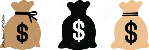 Money bag icon collection with dollar symbols, finance and wealth concept, savings and cash investment vector illustration isolated on background for business design