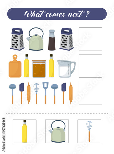What comes next activity game for kids with kitchen cooking tools preschool children