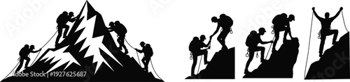 Mountain climbing team silhouettes vector set, hikers and climbers ascending peak with rope support, adventure trekking concept isolated on white background